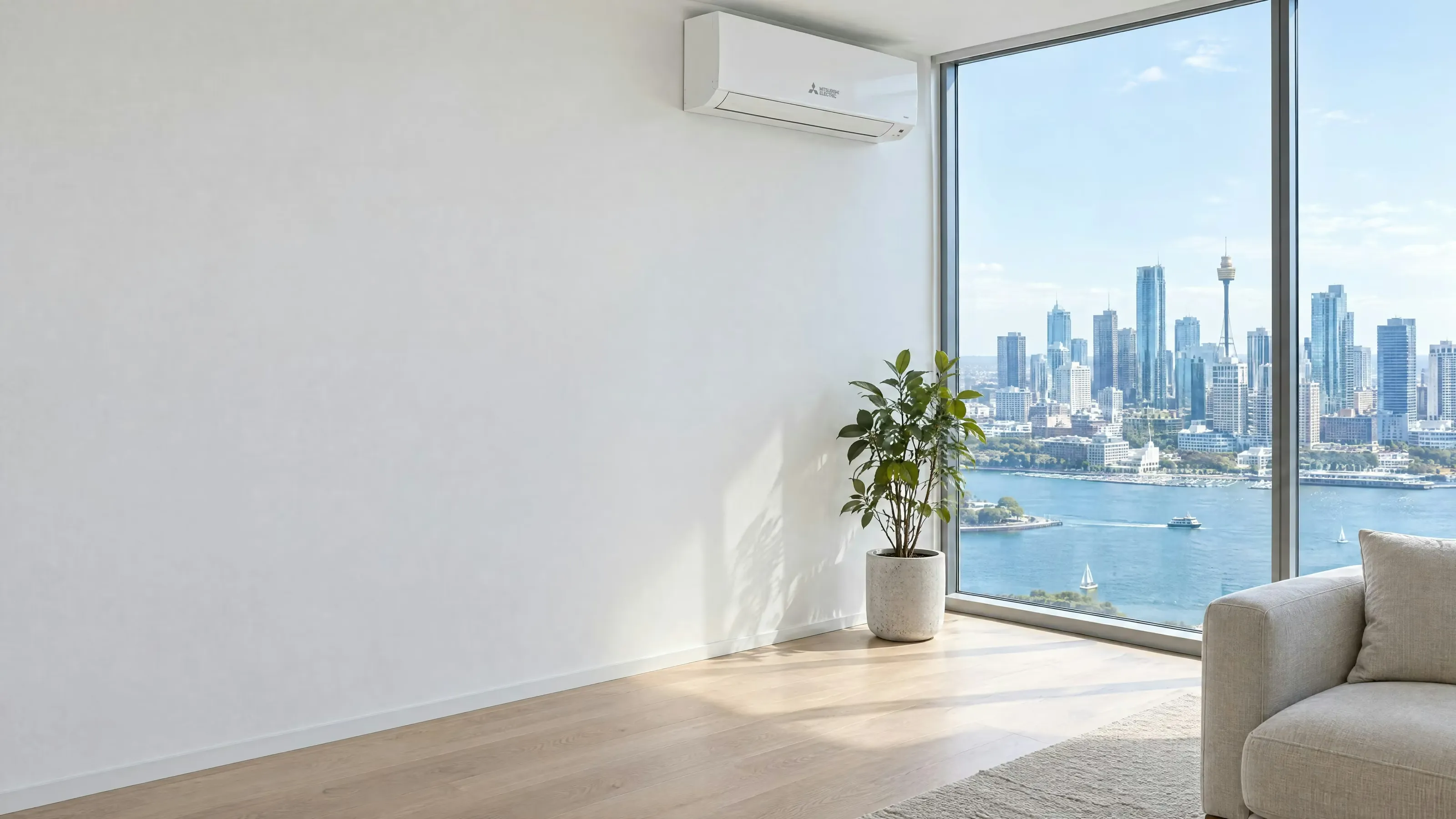 A closed tower room, a Mitsubishi wall unit above the glass, the city and the water in the light