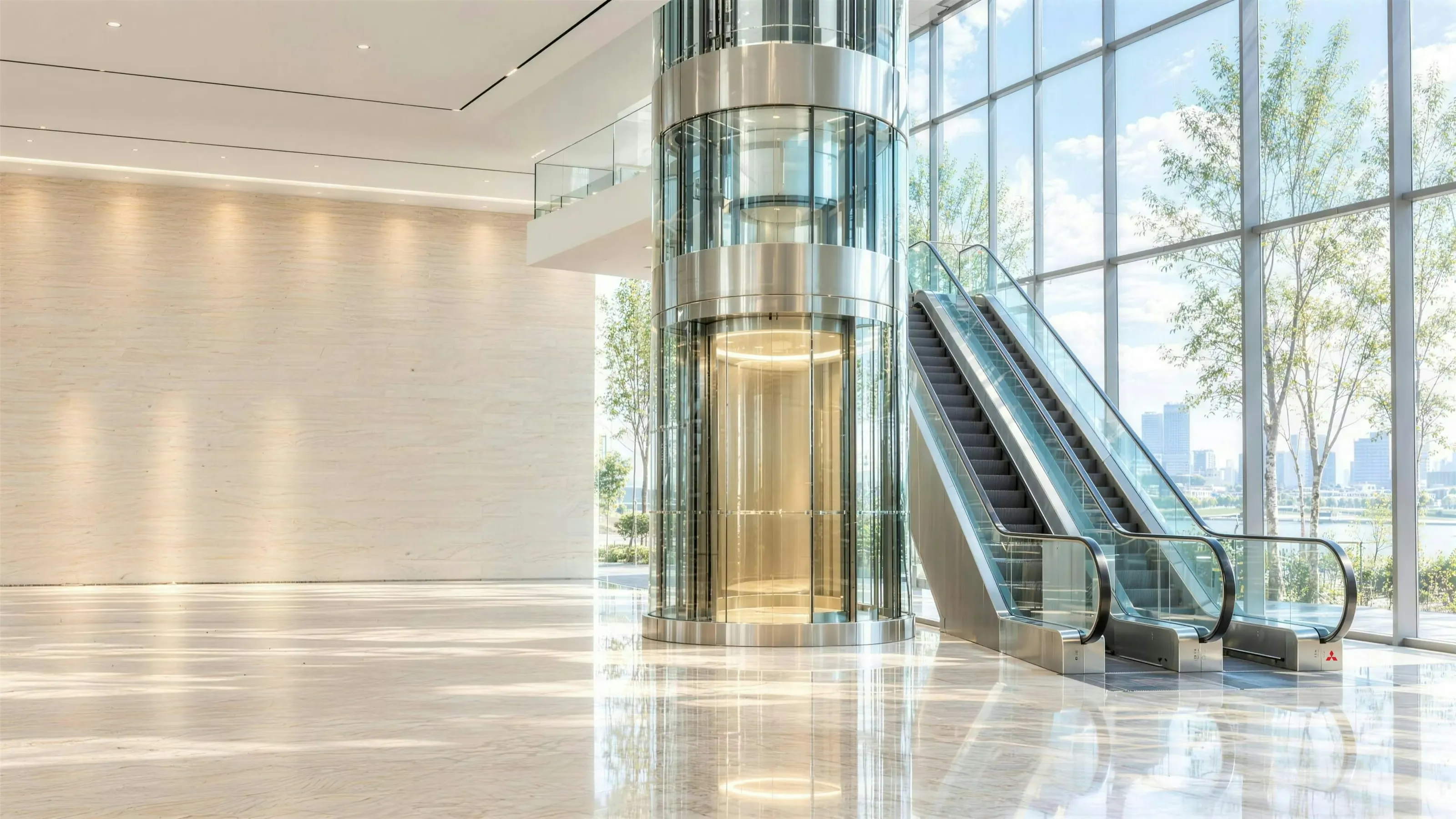 A sunlit company lobby: a panoramic glass lift seen from its base to the shaft above, the escalators beside it with a small Mitsubishi mark on the last one, trees and the city through the curtain wall
