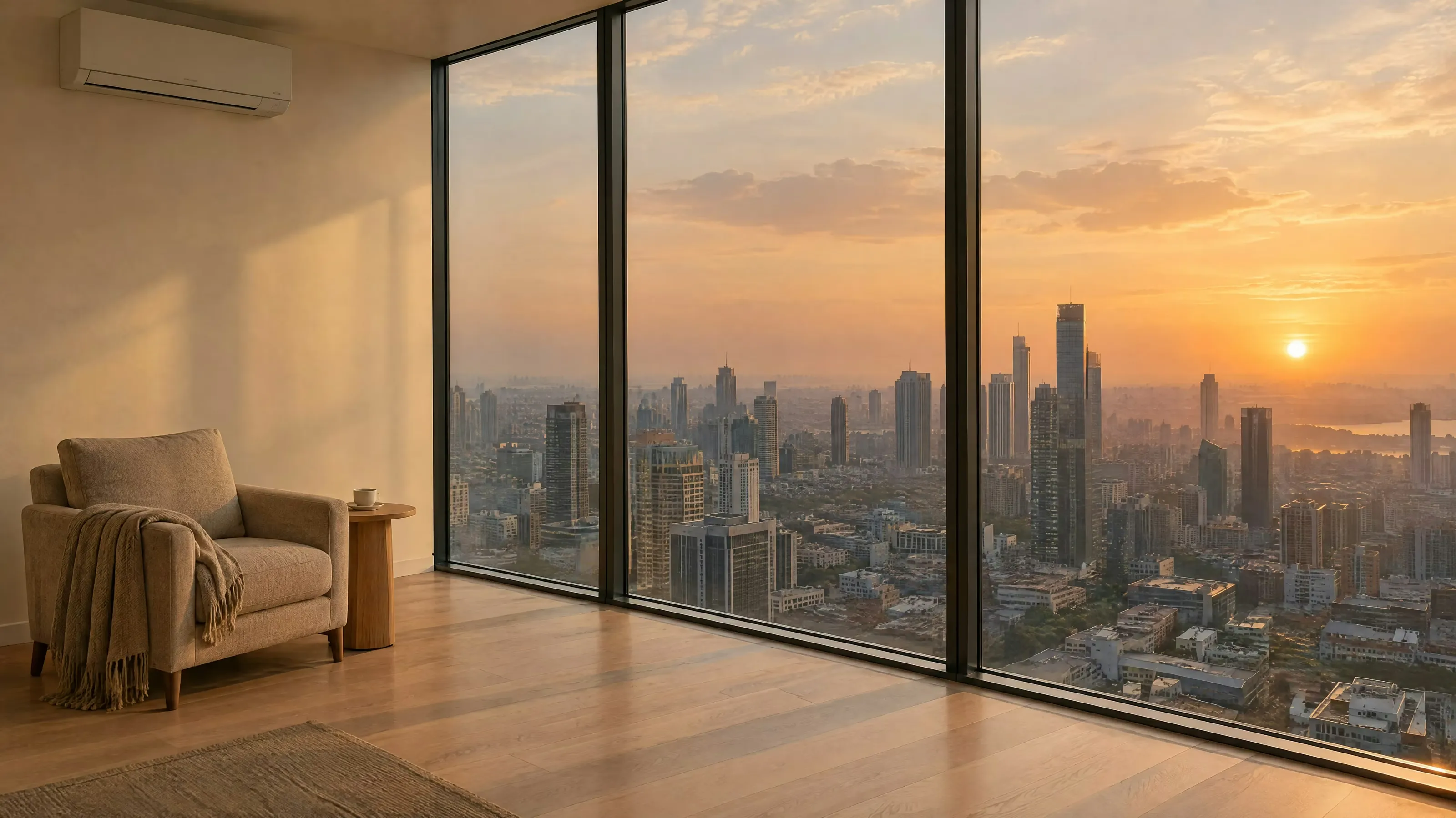 Top floor at golden hour: an armchair by the sealed glass, the air conditioner above, the whole city catching the last light